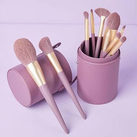 Ziloty Set 9 Pcs Professional Everyday Makeup Brushes Set with PU Leather bucket, Synthetic Hair Cosmetic Wooden Handle Brushes