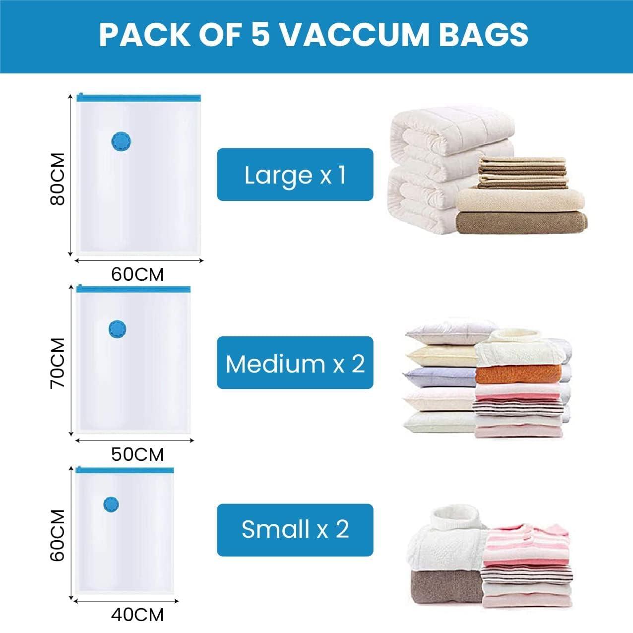 Packing vacuum bags with pump, Sealer Bags for Travel clothes and home Blankets, Quilts with hand Pump(2 Small + 2 Medium + 1 Large)